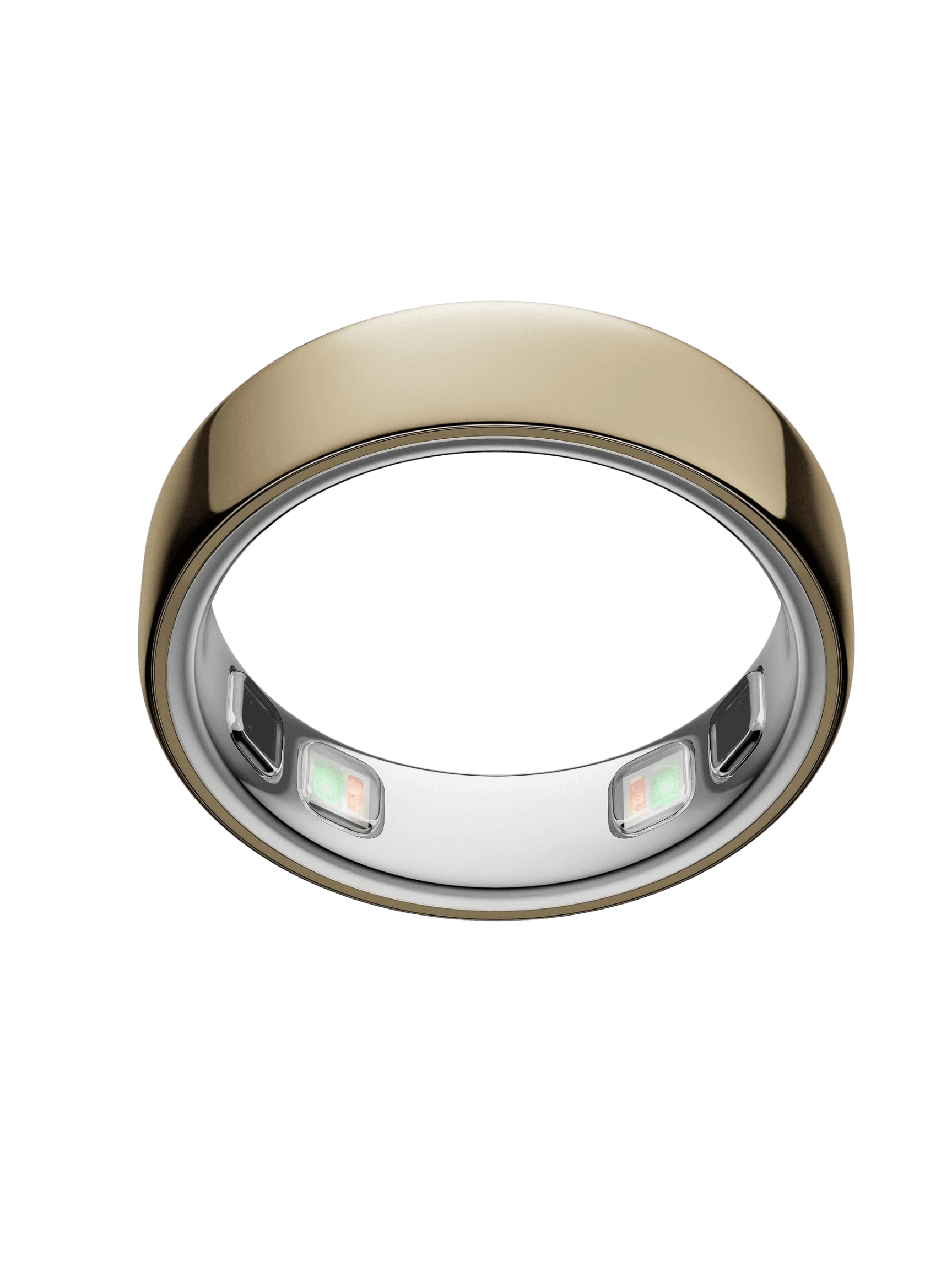 A gold-toned Oura Ring 5 shown at an angle, with its internal sensors visible along the inner band