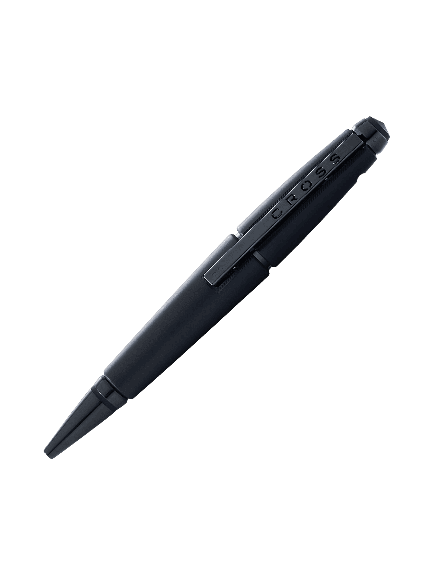 A Cross rollerball pen in matte black lacquer with matte black trim, shown at an angle against a dark background, with "CROSS" engraved on the clip