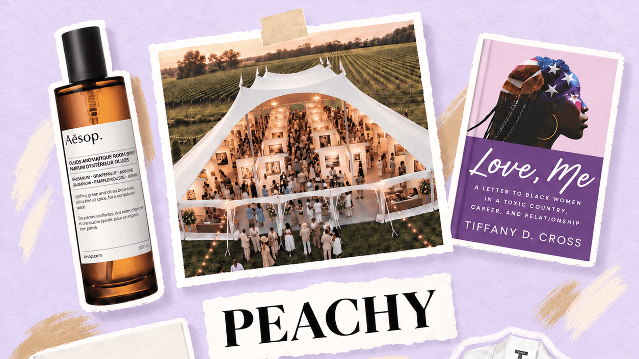 A curated flat-lay of Peachy Studio products: Aesop room spray, an event tent gathering, the book Love Me by Tiffany D. Cross, The Life Designer journal, a Coravin wine preservation system, and a white silk robe.