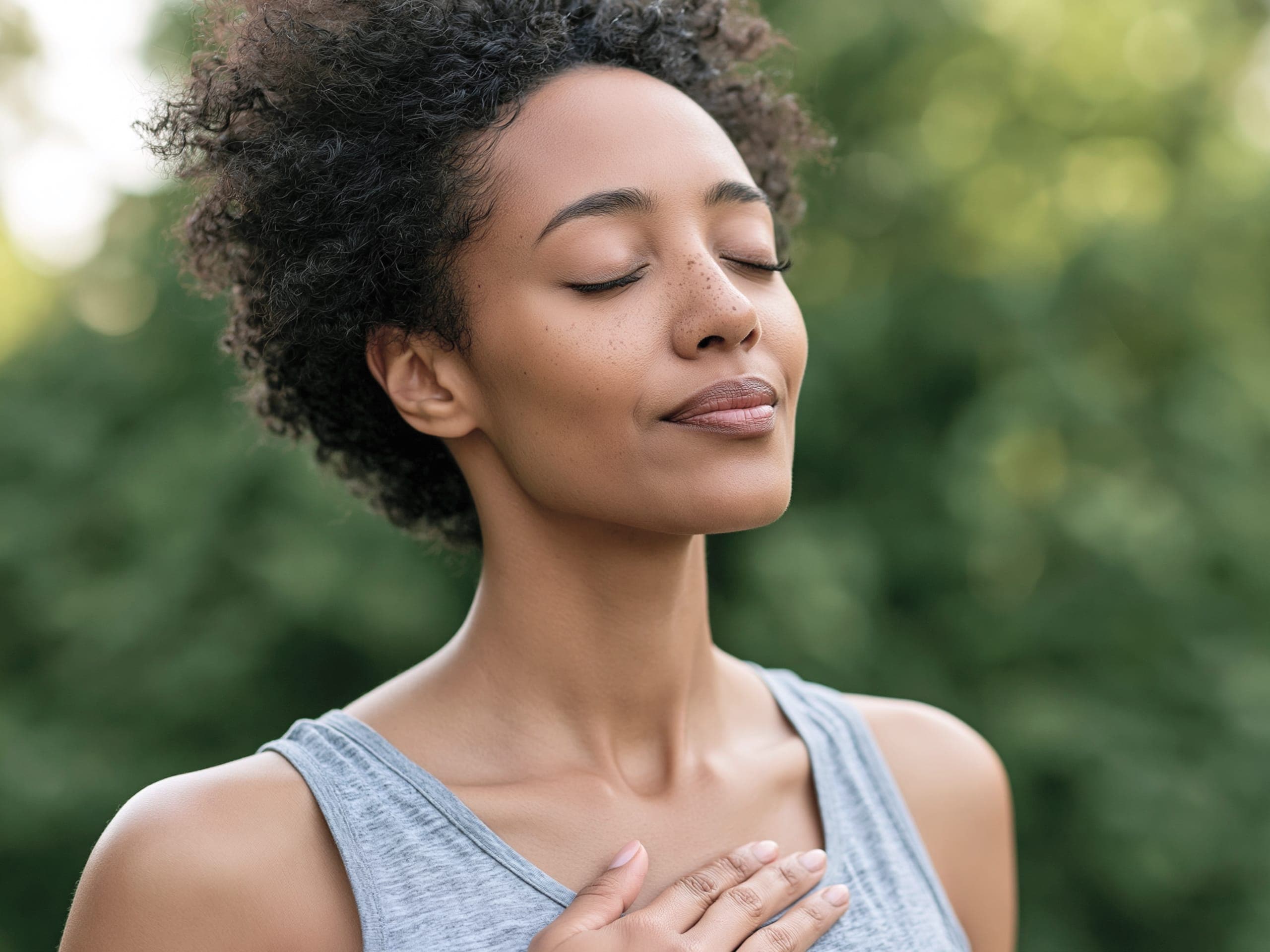 A woman standing outdoors with her eyes closed, one hand resting on her chest, breathing calmly among trees.