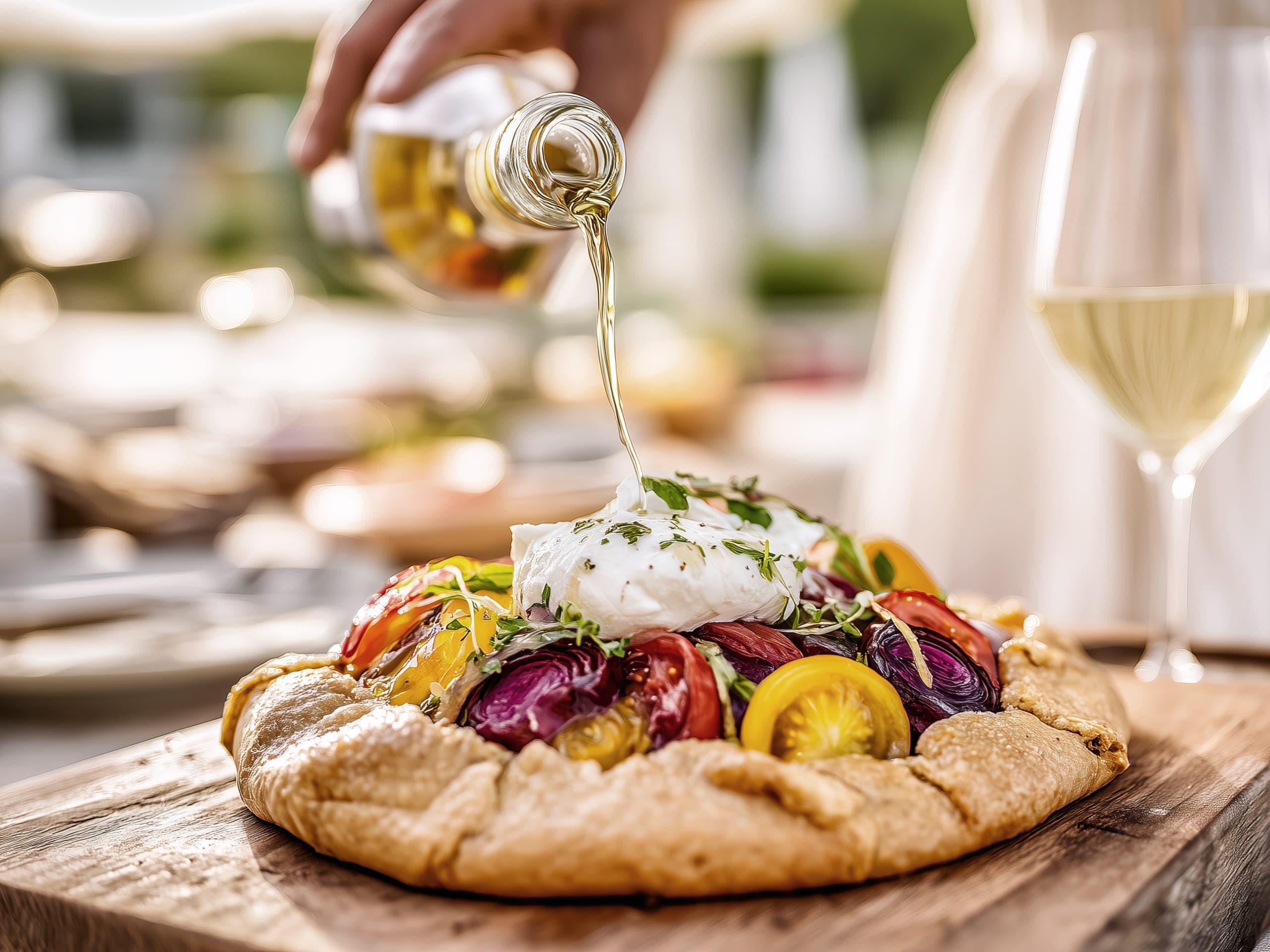 Olive oil being poured over a rustic tomato and burrata galette on a wooden board, with a glass of white wine alongside.