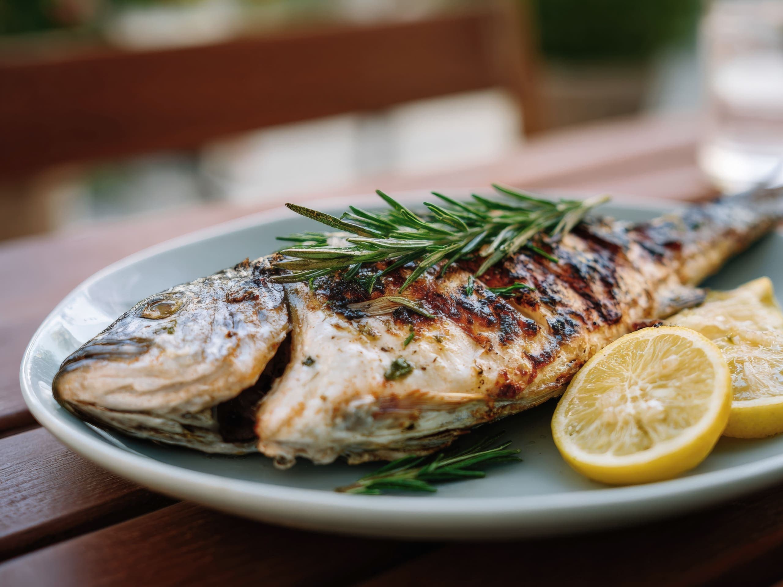 A whole grilled fish topped with fresh rosemary, served on a plate with lemon slices.
