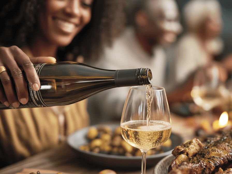 A host pouring wine for guests at a warm, candlelit dinner table, genuinely present and engaged.