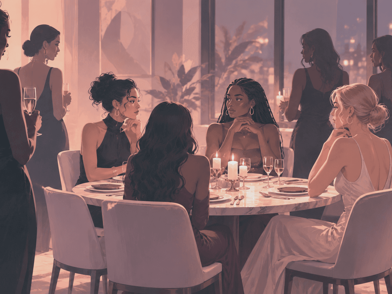 Women in evening wear gathered around a candlelit dinner table, others mingling nearby with a city skyline visible through the windows.