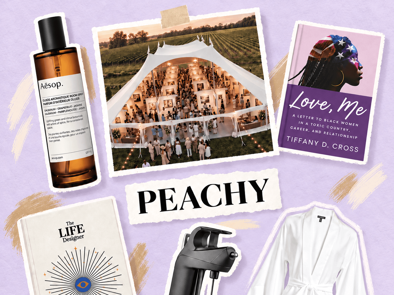 A curated flat-lay of Peachy Studio products: Aesop room spray, an event tent gathering, the book Love Me by Tiffany D. Cross, The Life Designer journal, a Coravin wine preservation system, and a white silk robe.