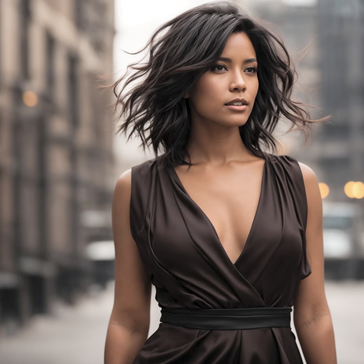 A woman in a dark wrap dress walking confidently down a city street, hair caught in motion.