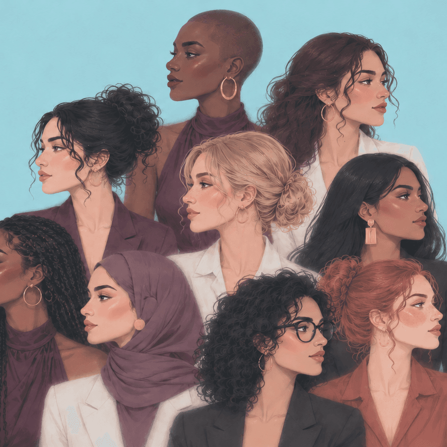 Illustrated group portrait of diverse women shown in profile, wearing professional attire and gold jewelry against a sage green background.