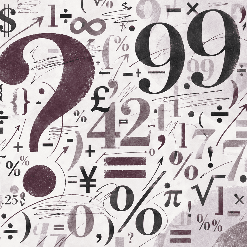 A large purple question mark surrounded by financial symbols and numbers — dollar signs, percentages, and figures — on a cream background.