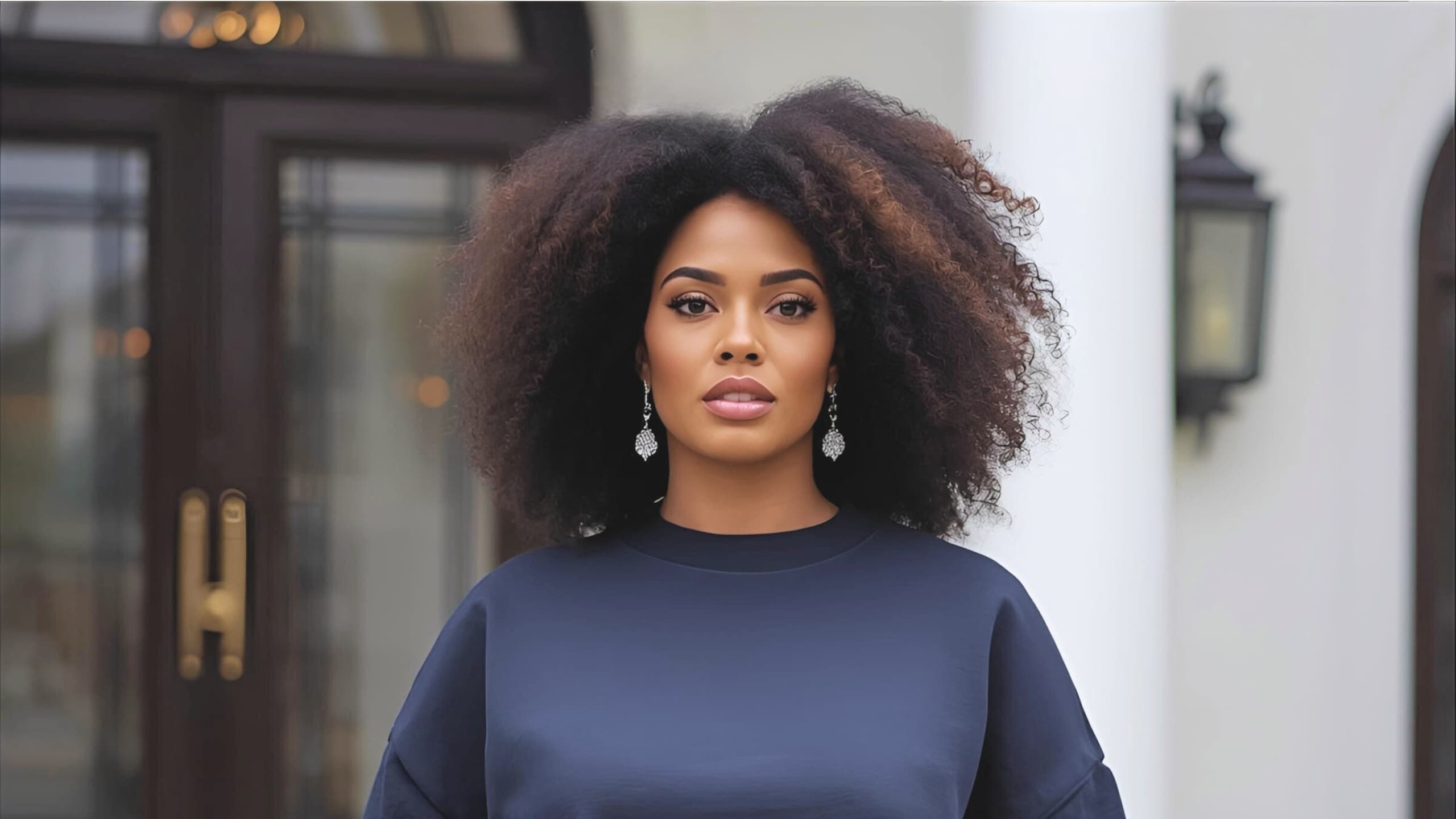 A woman in a simple navy sweatsuit standing poised on the steps of an elegant home, the contrast between the setting and her understated outfit doing quiet work.
