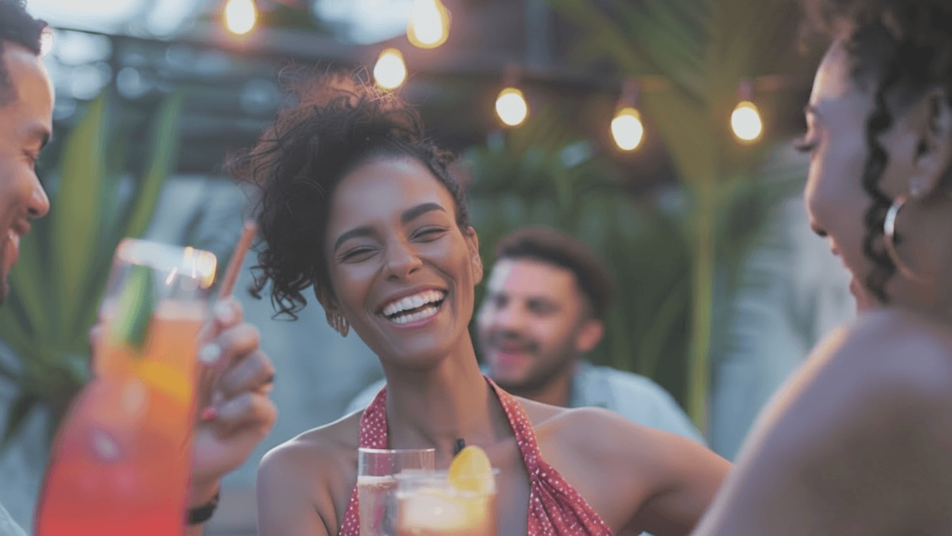 A woman laughing genuinely with friends at an evening gathering under string lights, drinks in hand.