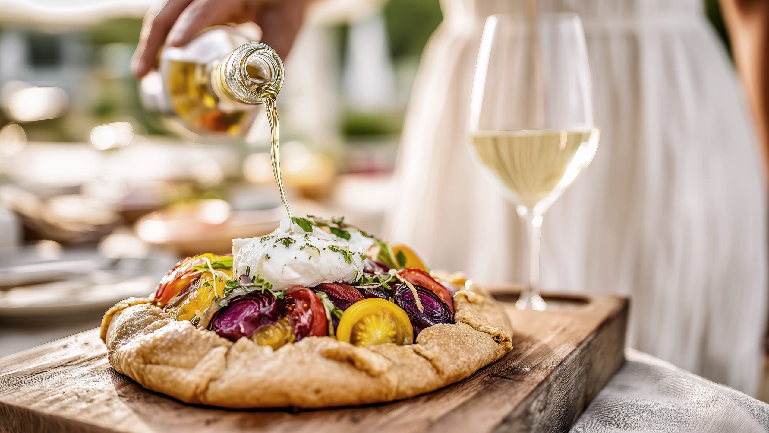Olive oil being poured over a rustic tomato and burrata galette on a wooden board, with a glass of white wine alongside.