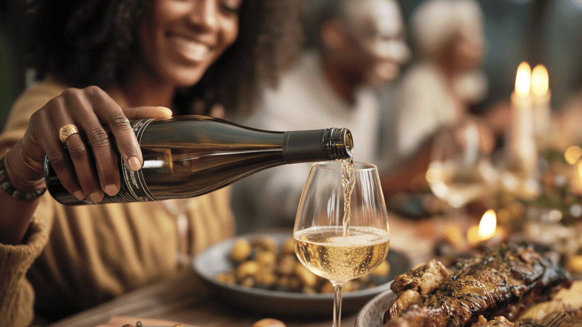 A host pouring wine for guests at a warm, candlelit dinner table, genuinely present and engaged.