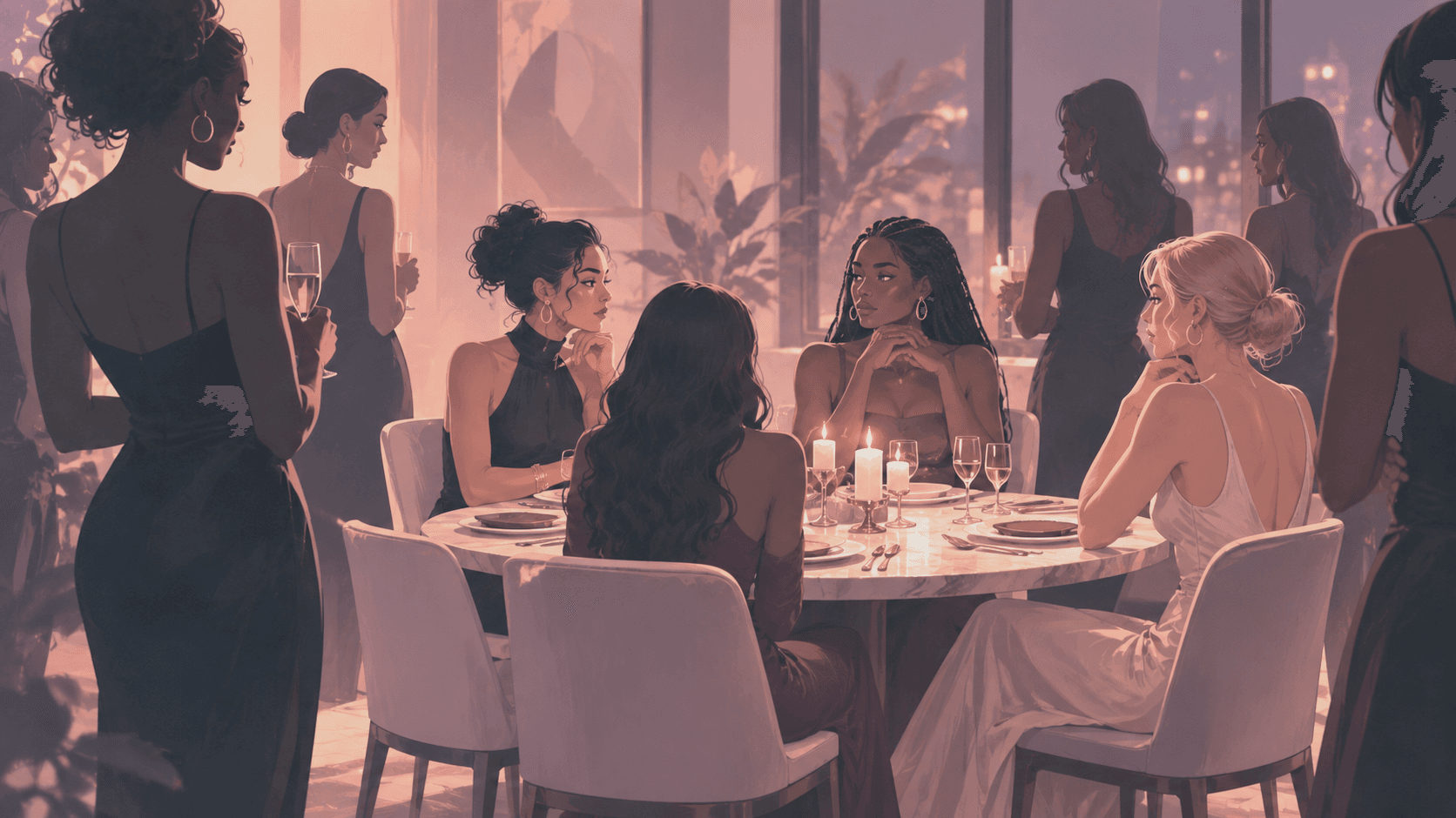 Women in evening wear gathered around a candlelit dinner table, others mingling nearby with a city skyline visible through the windows.