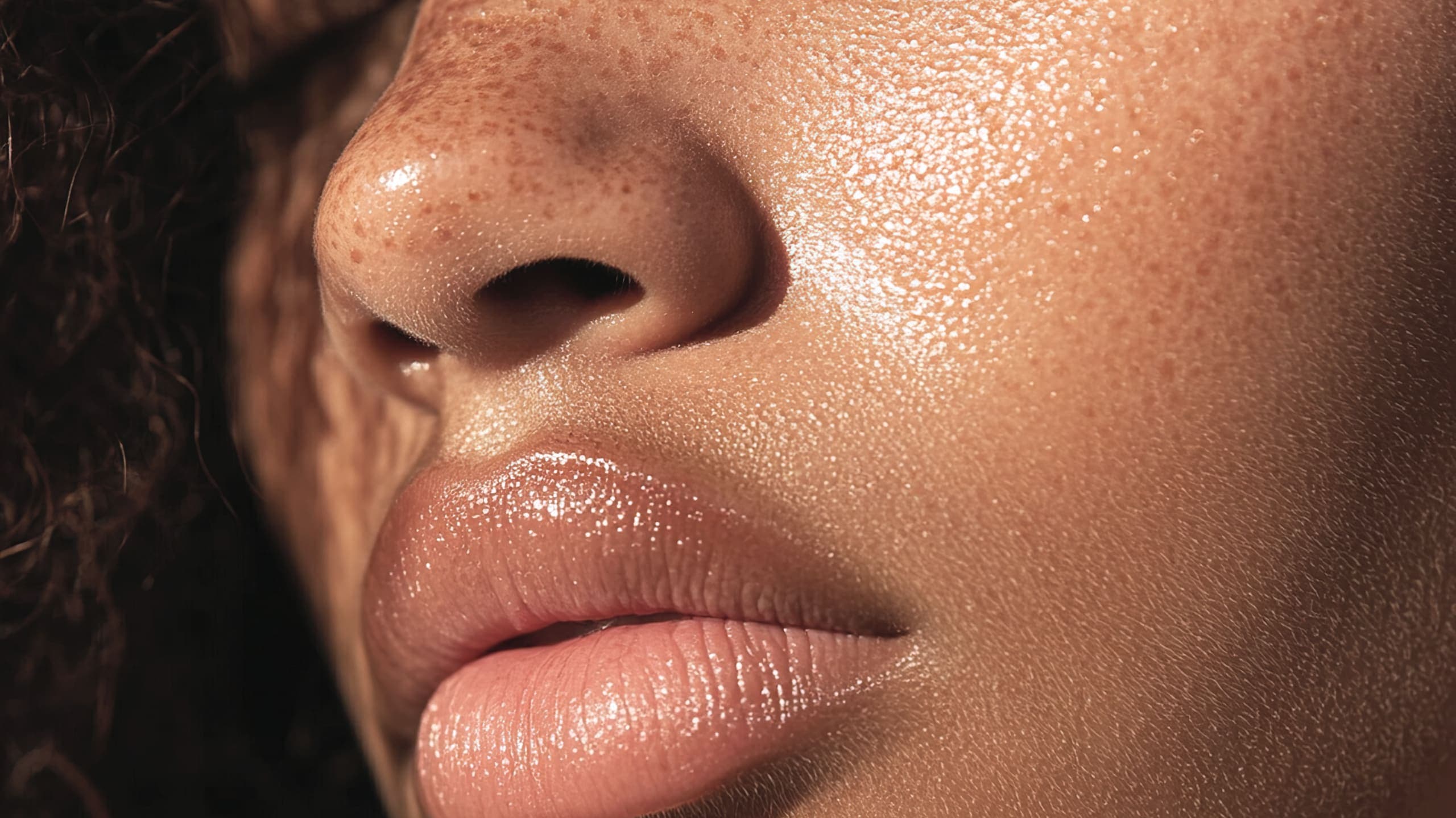 Extreme close-up of a woman's face with eyes closed, freckled skin glowing with sweat in warm golden light, lips slightly parted in an expression of stillness.