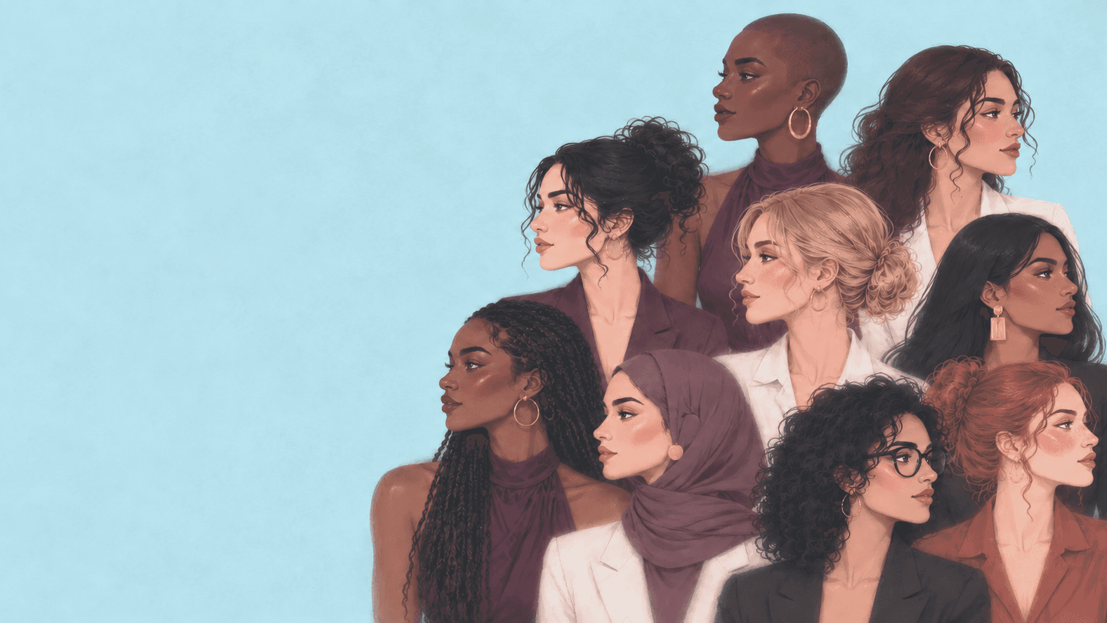 Illustrated group portrait of diverse women shown in profile, wearing professional attire and gold jewelry against a sage green background.