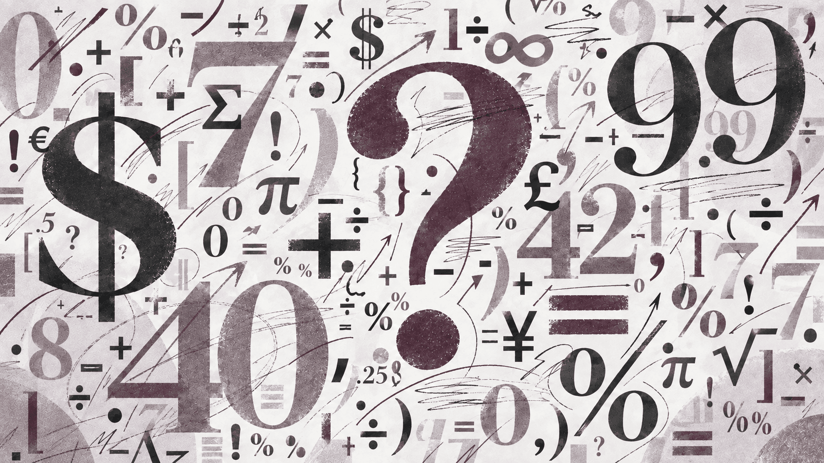 A large purple question mark surrounded by financial symbols and numbers — dollar signs, percentages, and figures — on a cream background.