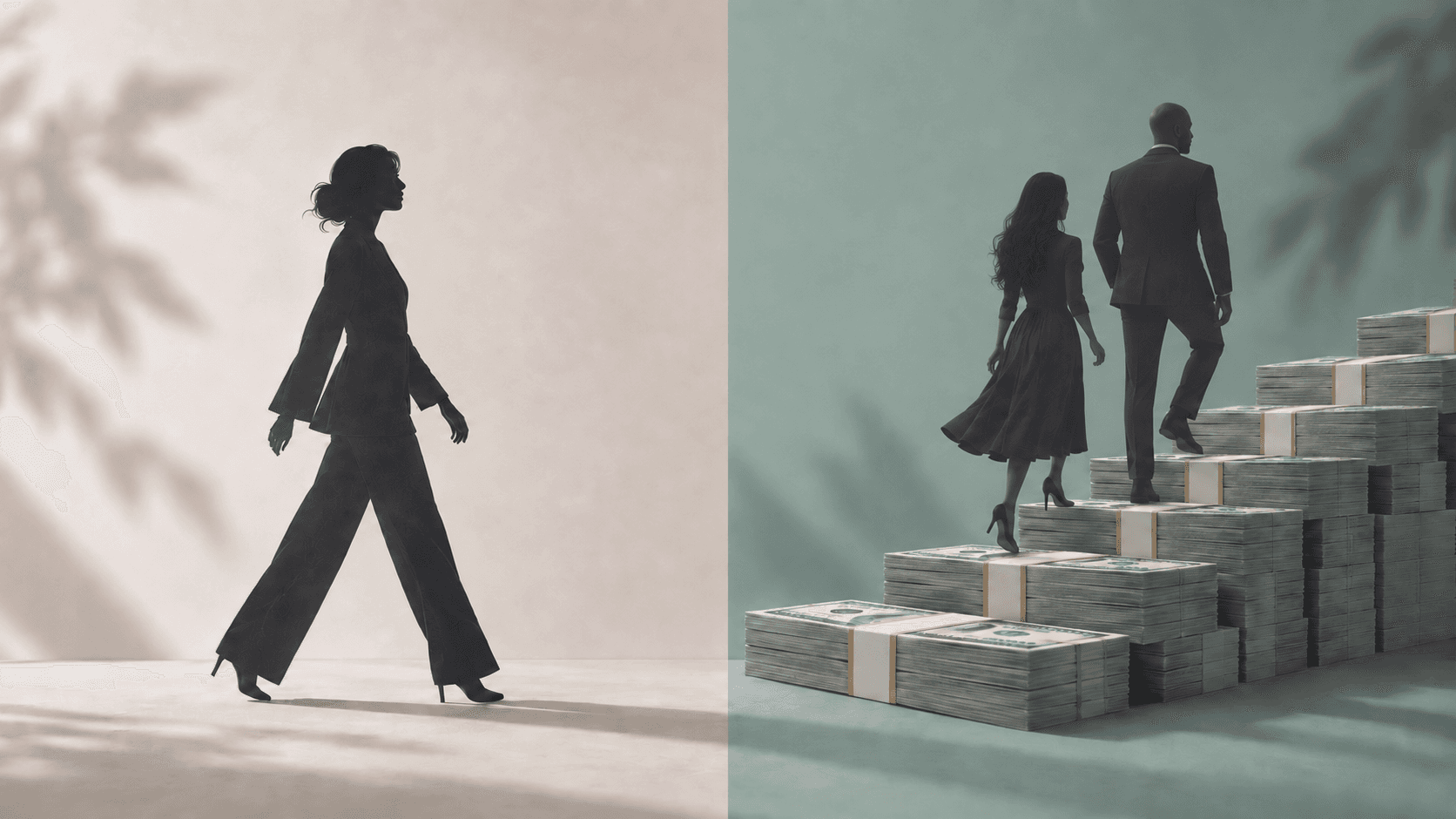 Split image: a woman walking alone against a beige background on the left, and a couple climbing stairs made of stacked cash against a green background on the right.
