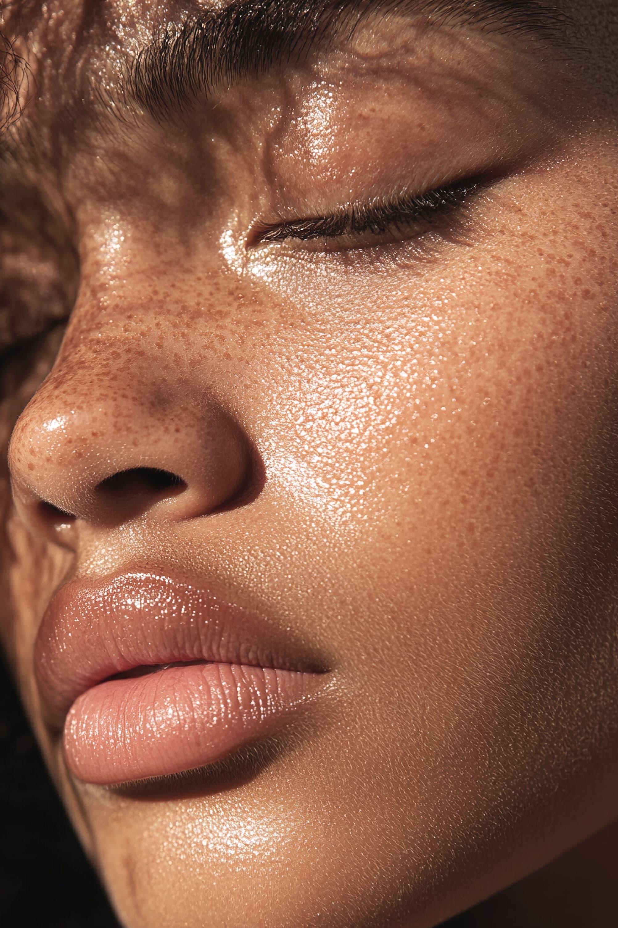 Extreme close-up of a woman's face with eyes closed, freckled skin glowing with sweat in warm golden light, lips slightly parted in an expression of stillness.