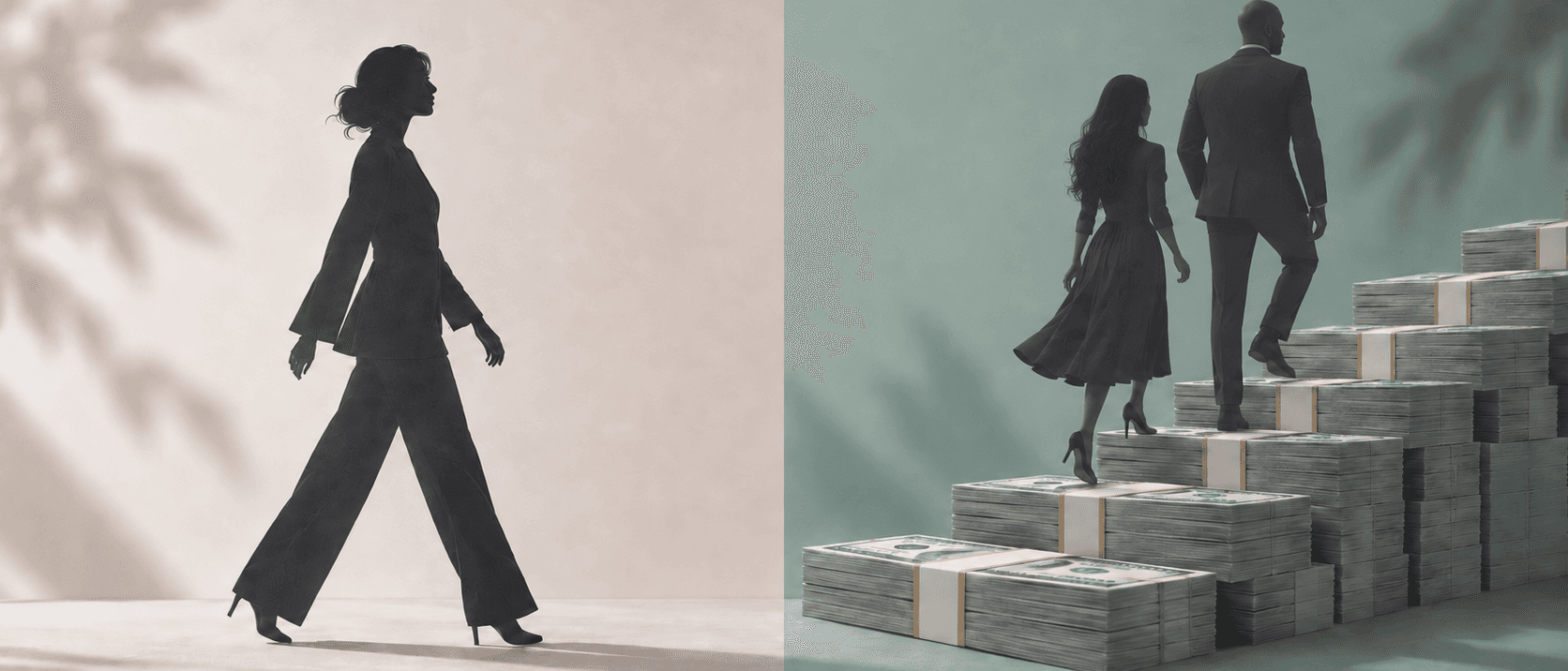 Split image: a woman walking alone against a beige background on the left, and a couple climbing stairs made of stacked cash against a green background on the right.