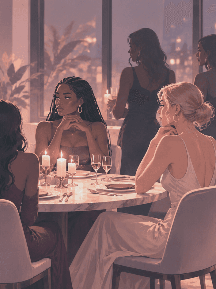 Women in evening wear gathered around a candlelit dinner table, others mingling nearby with a city skyline visible through the windows.