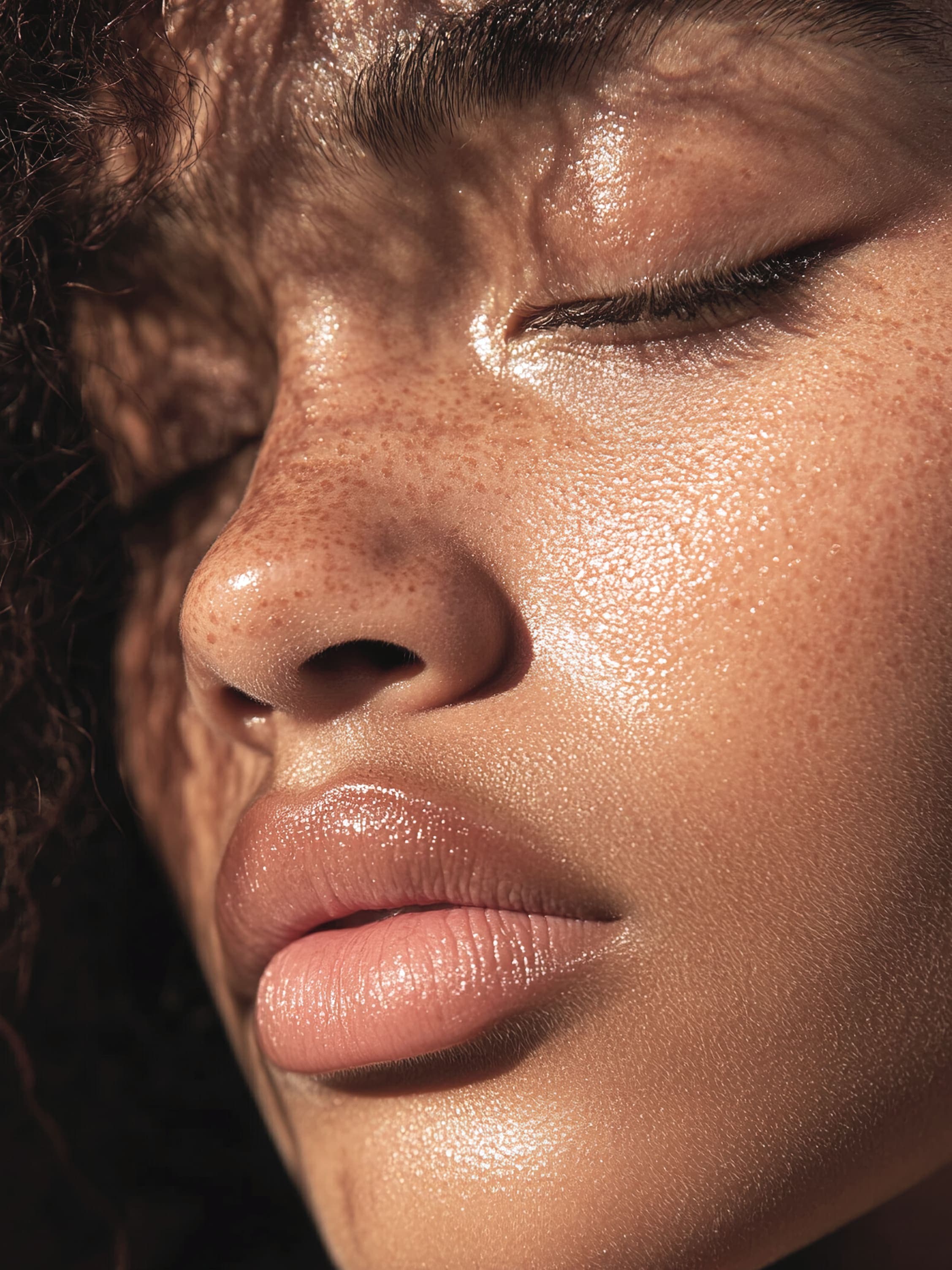 Extreme close-up of a woman's face with eyes closed, freckled skin glowing with sweat in warm golden light, lips slightly parted in an expression of stillness.
