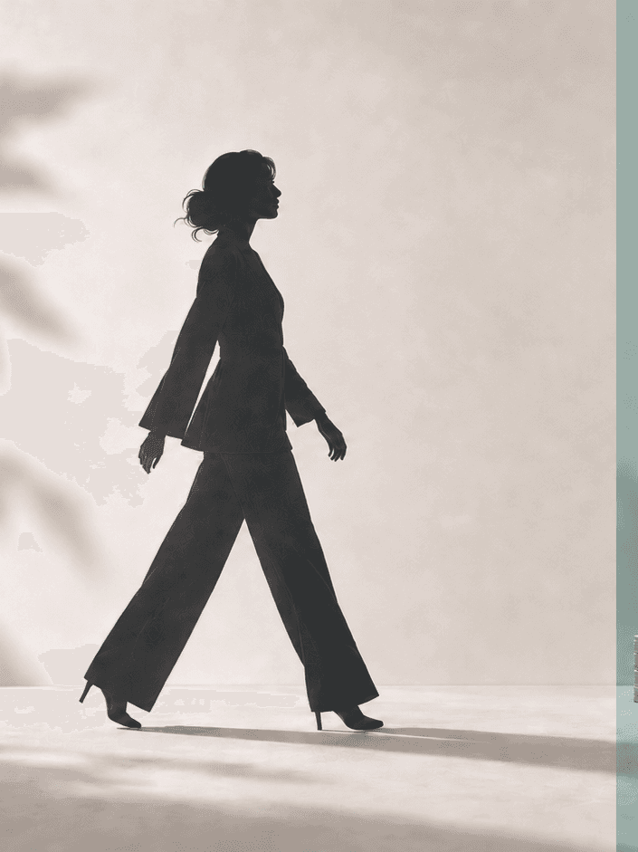 Split image: a woman walking alone against a beige background on the left, and a couple climbing stairs made of stacked cash against a green background on the right.