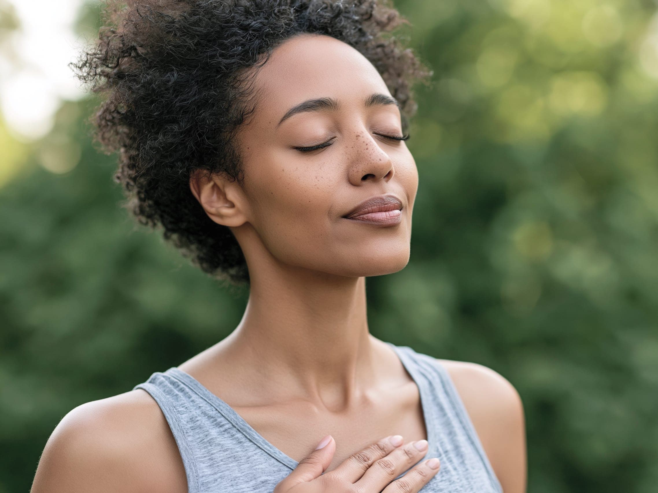 A woman standing outdoors with her eyes closed, one hand resting on her chest, breathing calmly among trees.