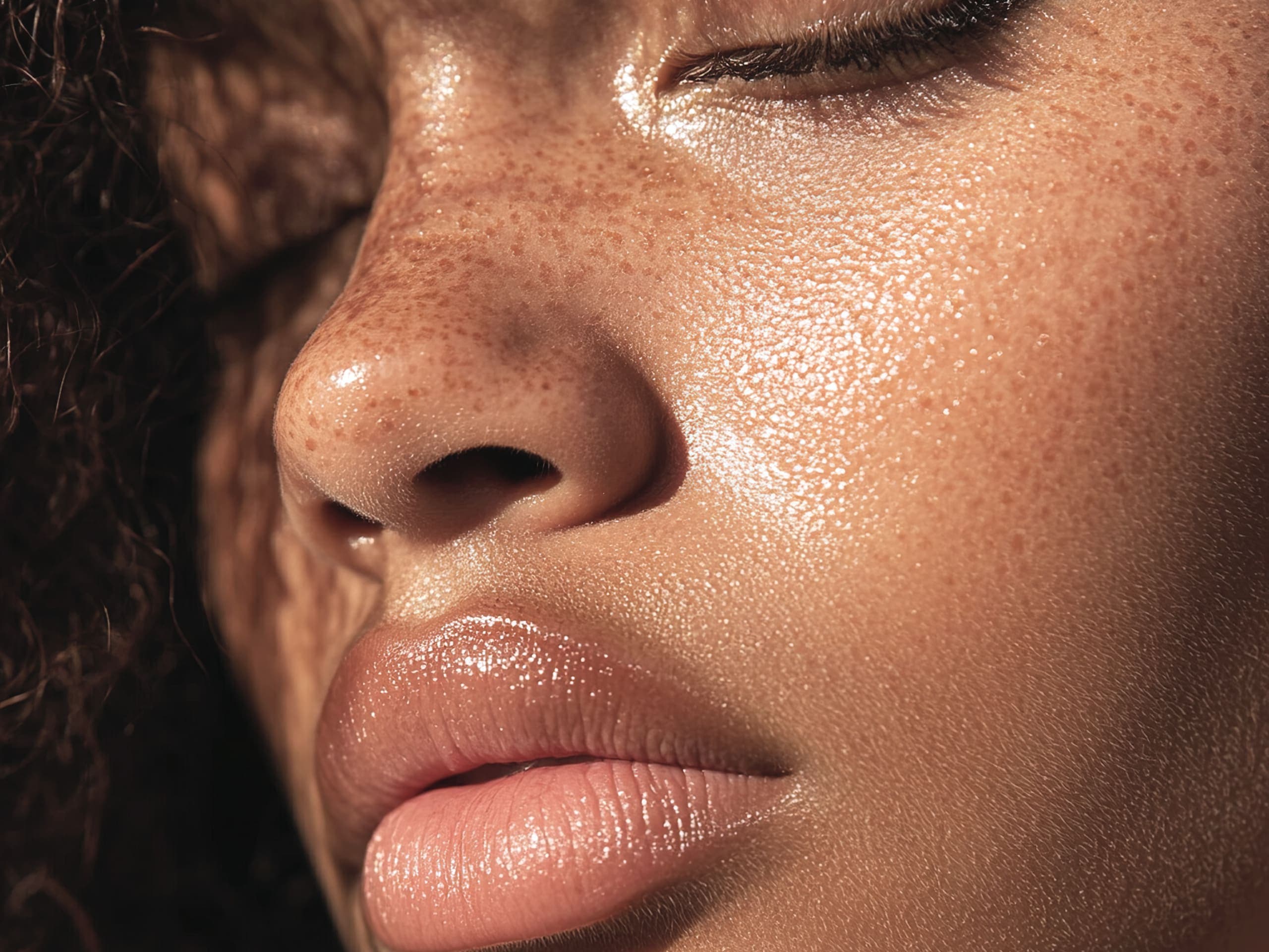 Extreme close-up of a woman's face with eyes closed, freckled skin glowing with sweat in warm golden light, lips slightly parted in an expression of stillness.
