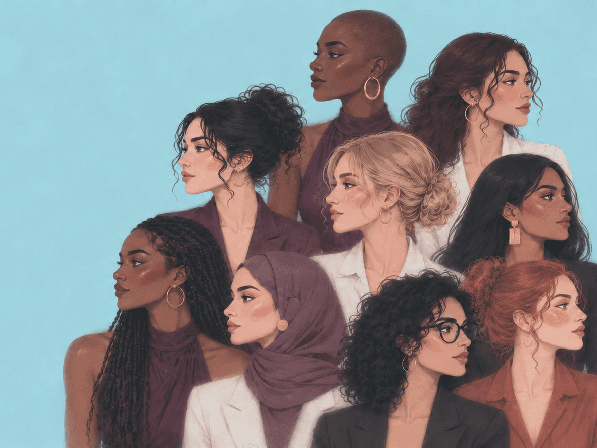 Illustrated group portrait of diverse women shown in profile, wearing professional attire and gold jewelry against a sage green background.