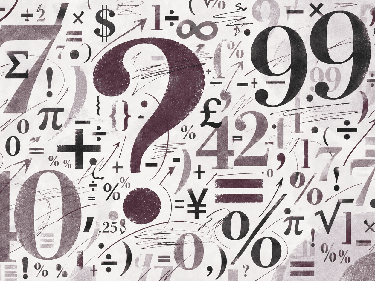 A large purple question mark surrounded by financial symbols and numbers — dollar signs, percentages, and figures — on a cream background.
