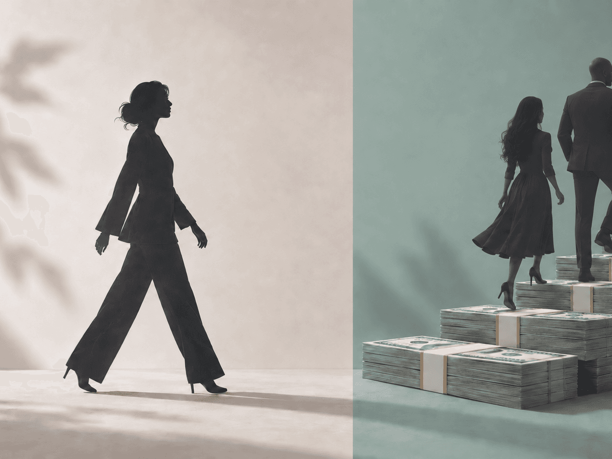 Split image: a woman walking alone against a beige background on the left, and a couple climbing stairs made of stacked cash against a green background on the right.