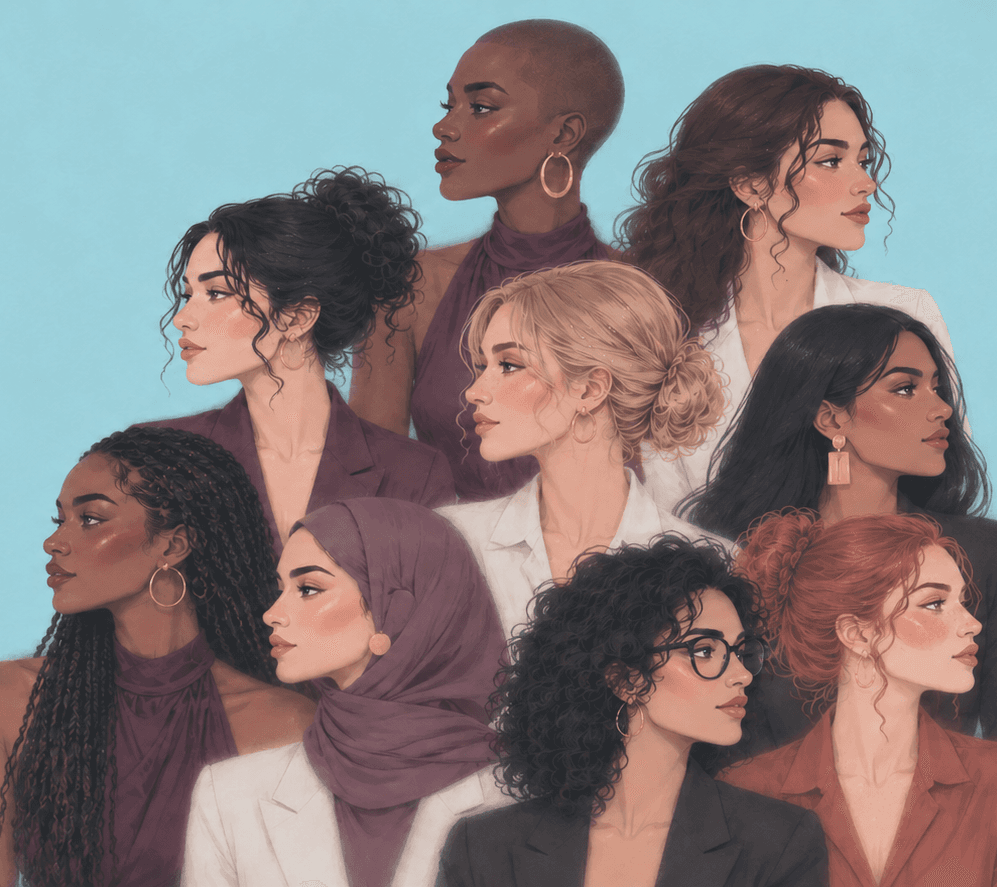 Illustrated group portrait of diverse women shown in profile, wearing professional attire and gold jewelry against a sage green background.