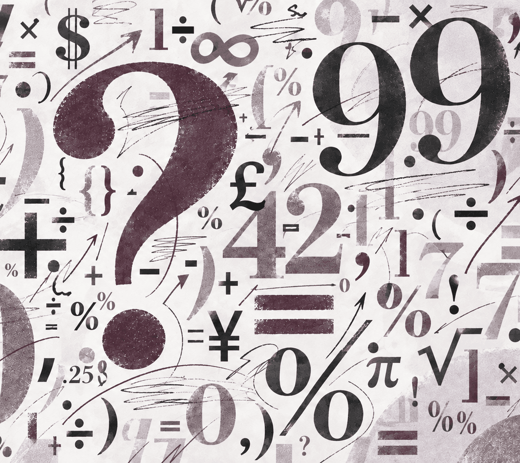 A large purple question mark surrounded by financial symbols and numbers — dollar signs, percentages, and figures — on a cream background.